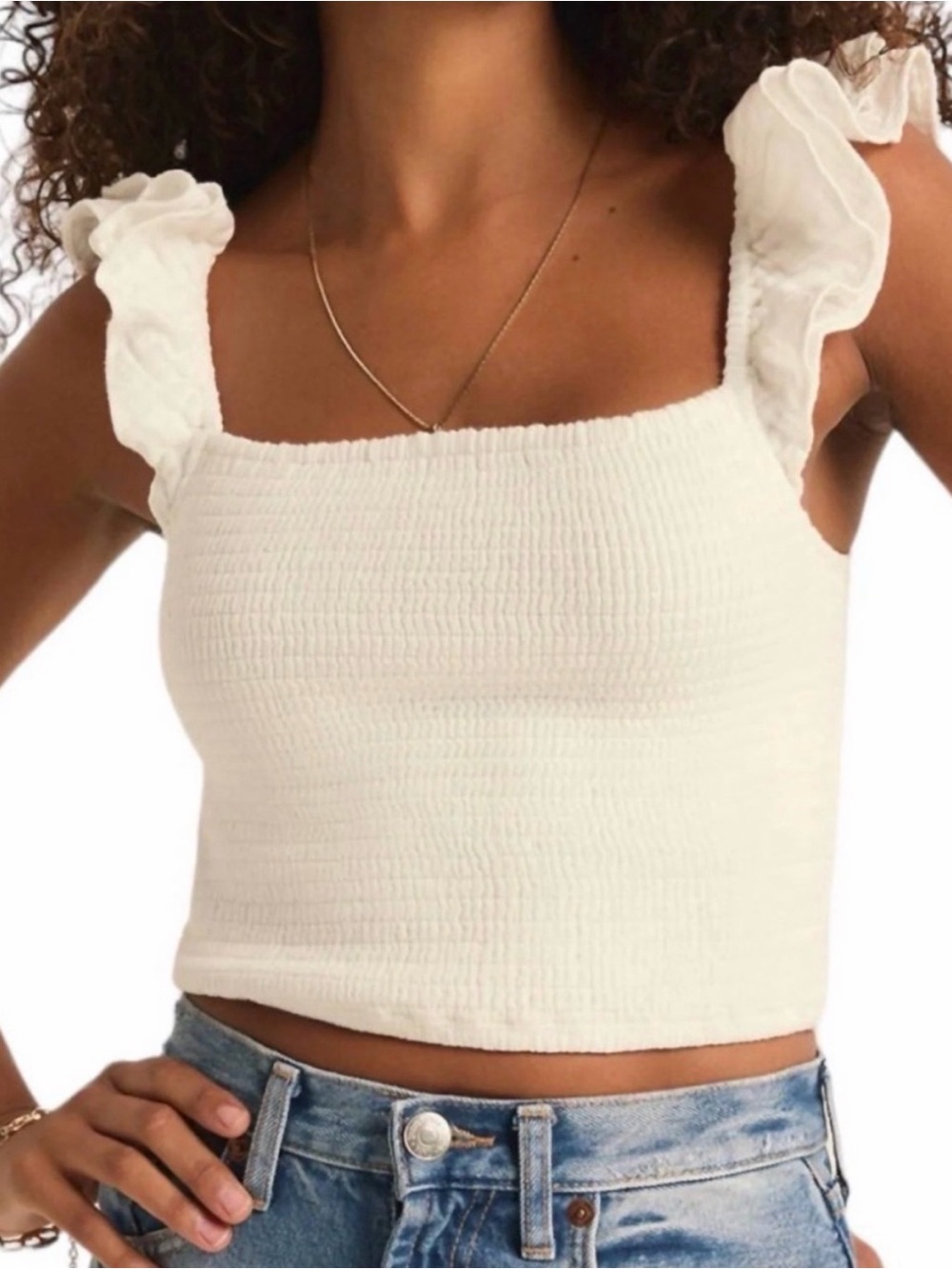 Z Supply White Smocked Ruffle Strap Crop Top